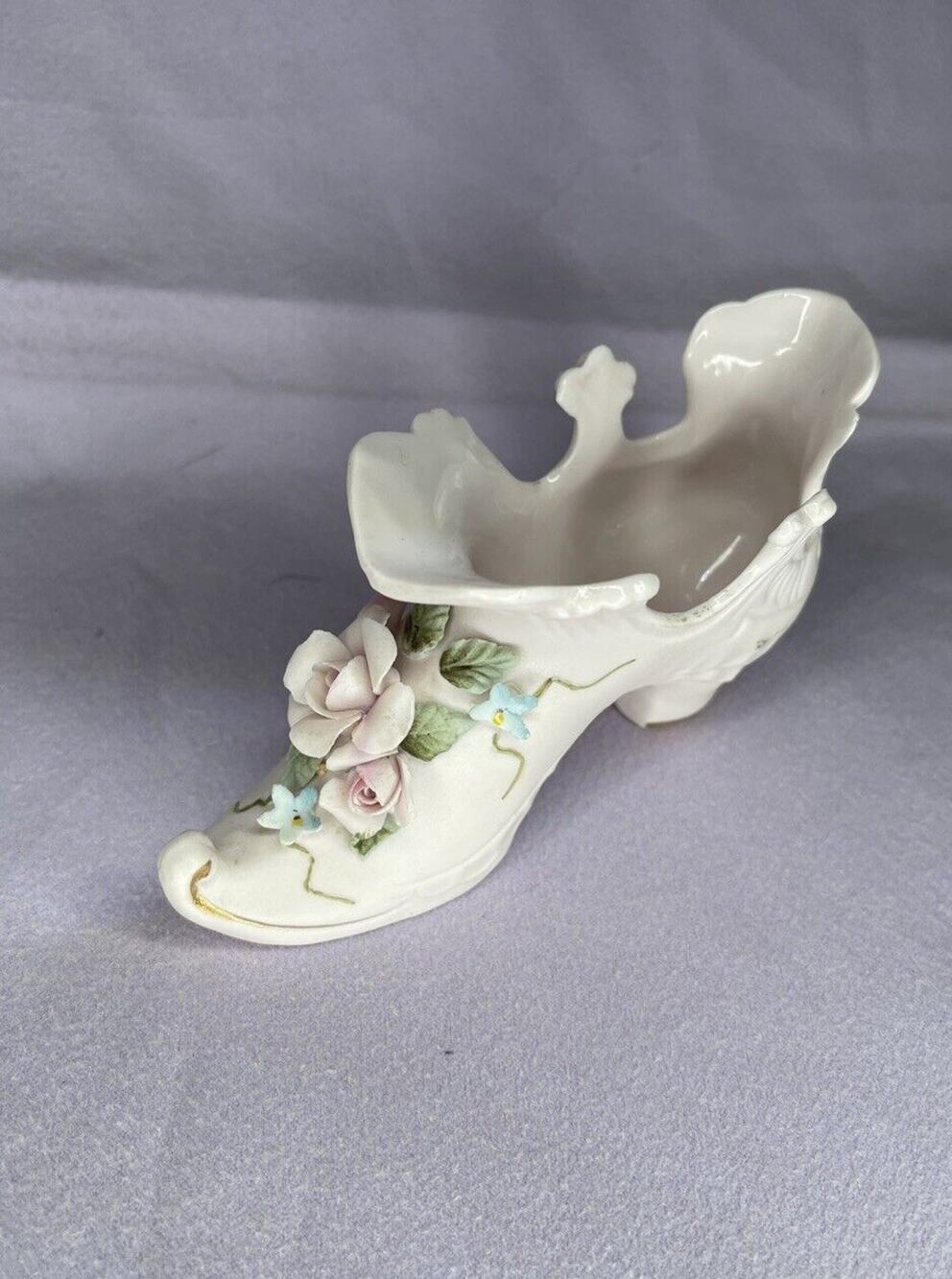 Vintage Lefton Porcelain Bisque Victorian Shoe Figurine Hand Painted #1204